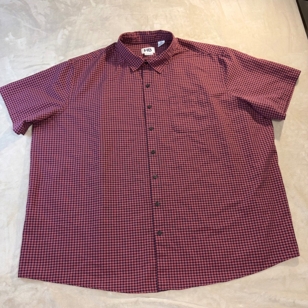 HB Fit by DXL Mens 3XL Red Navy Gingham Short Sleeve Button Down Shirt Pocket
